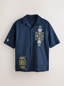 Shirts|Next - Textured Embroidered Navajo Style Short Sleeve Shirt Marineblauw