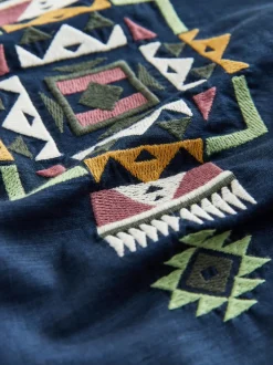 Shirts|Next - Textured Embroidered Navajo Style Short Sleeve Shirt Marineblauw