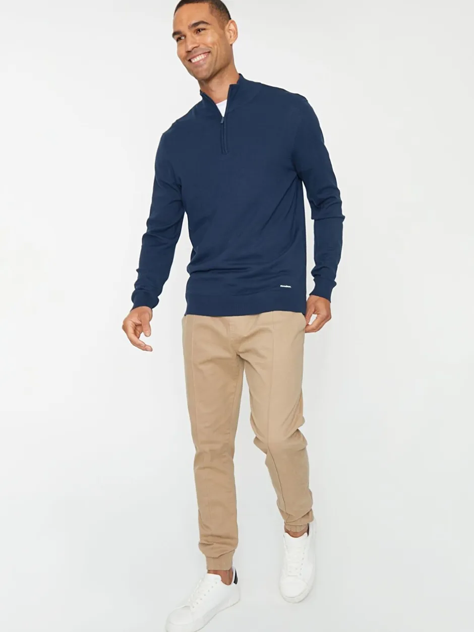 Gebreide Kleding|Threadbare Marineblauw - gebreide trui met korte trechterrits