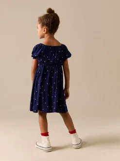 Jurken|Next - Short Sleeve Dress (3-16yrs) Marineblauw blauw gestippeld