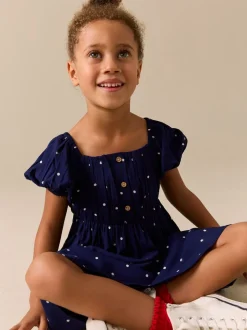 Jurken|Next - Short Sleeve Dress (3-16yrs) Marineblauw blauw gestippeld