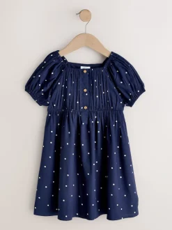 Jurken|Next - Short Sleeve Dress (3-16yrs) Marineblauw blauw gestippeld