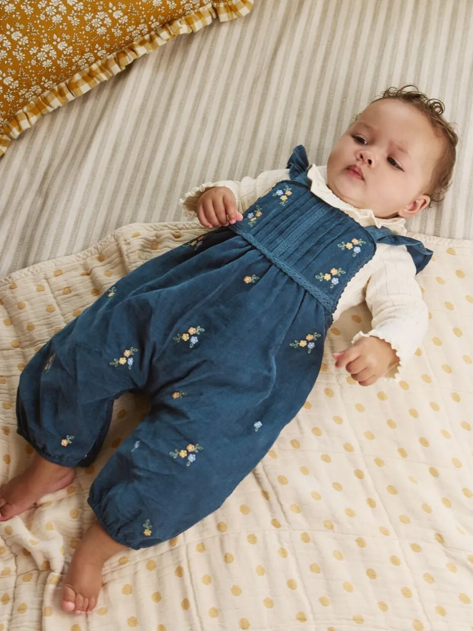 Tuinbroeken|Next - Baby Print Bodysuit met Lange mouwen en Corduroy bretelbroeken Set 2 Pieces (0mnd -2jr) Marineblauw geborduurd