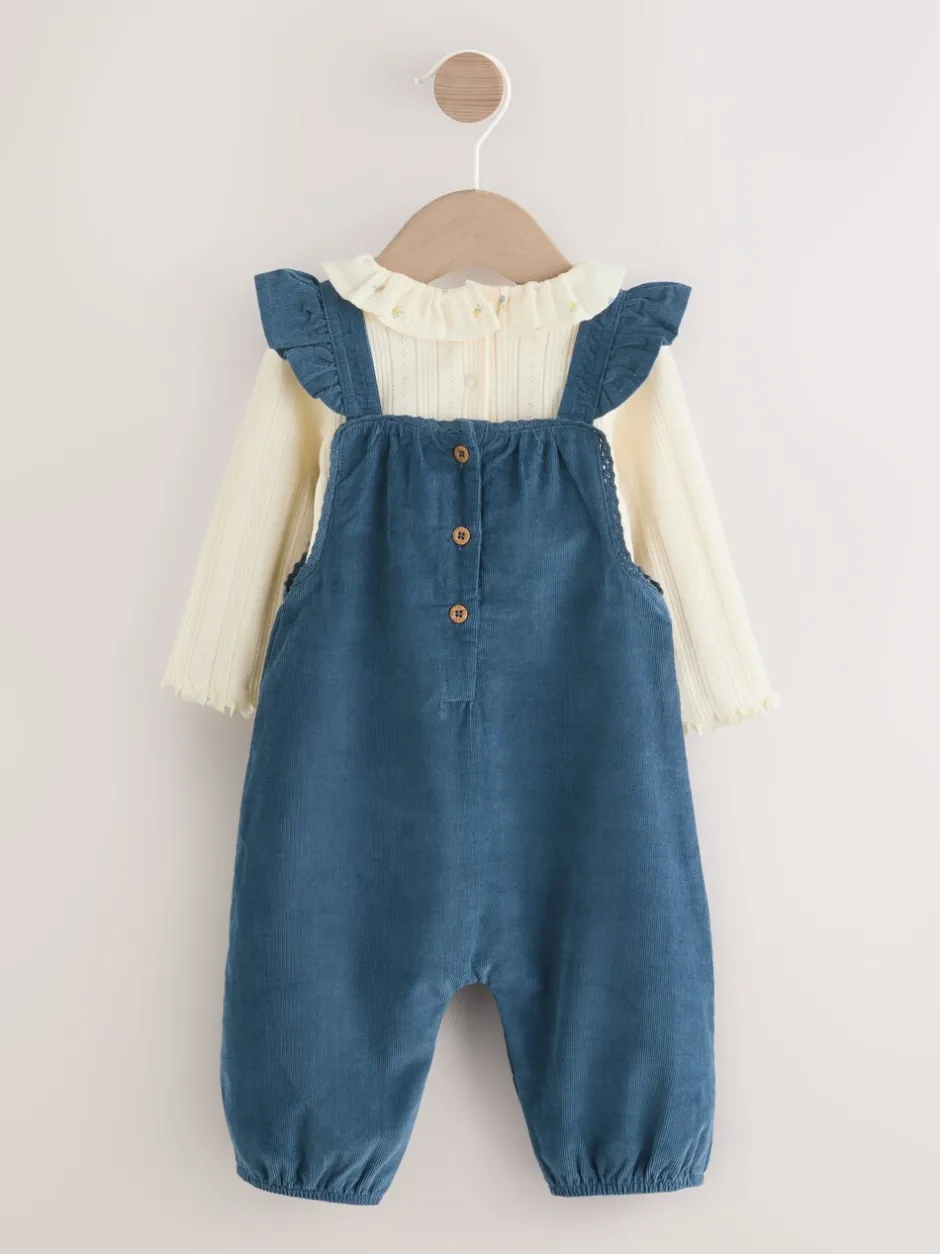 Tuinbroeken|Next - Baby Print Bodysuit met Lange mouwen en Corduroy bretelbroeken Set 2 Pieces (0mnd -2jr) Marineblauw geborduurd