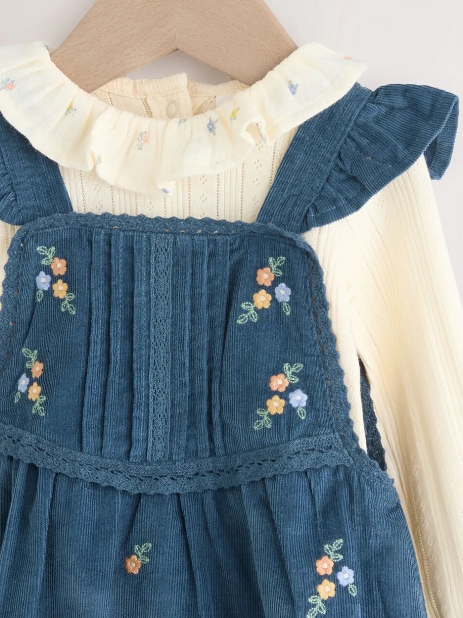 Tuinbroeken|Next - Baby Print Bodysuit met Lange mouwen en Corduroy bretelbroeken Set 2 Pieces (0mnd -2jr) Marineblauw geborduurd