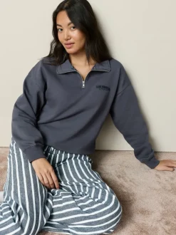 Pyjama's|Loungewear|Next - Half Zip Sweatshirt and Flannel Pyjamas Set Marineblauw gestreept