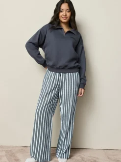 Pyjama's|Loungewear|Next - Half Zip Sweatshirt and Flannel Pyjamas Set Marineblauw gestreept