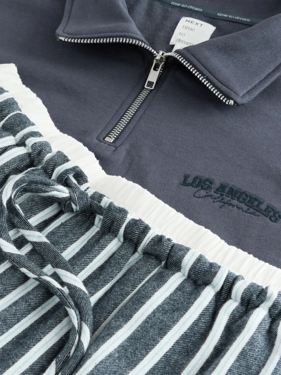 Pyjama's|Loungewear|Next - Half Zip Sweatshirt and Flannel Pyjamas Set Marineblauw gestreept