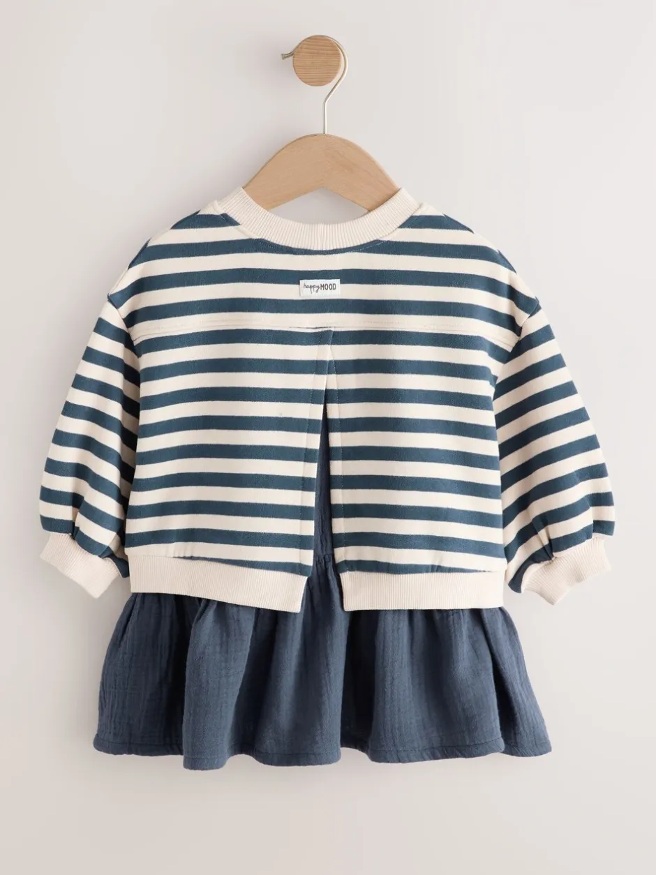 Jurken|Gebreide Kleding*Next - Sweatjurk met mesh rok (3mnd -7jr) Marineblauw gestreept