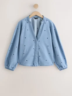 Tops En T-Shirts|Blouses En Overhemden*Next Marineblauw hart - Heart Embroidered V-Neck Puff Sleeve Denim Blouse