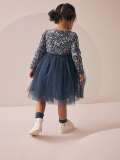 Gelegenheidskleding|Jurken|Next - Feestjurk van mesh met lange mouwen (3mnd-7jr) Marineblauw met bloemen