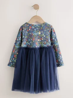 Gelegenheidskleding|Jurken|Next - Feestjurk van mesh met lange mouwen (3mnd-7jr) Marineblauw met bloemen