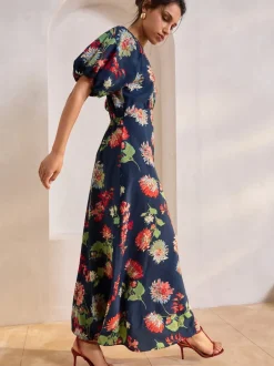 Gelegenheidskleding|Jurken*Next - Midi-jurk met print en pofmouwen Marineblauw met bloemenprint
