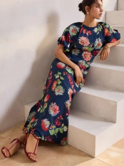 Gelegenheidskleding|Jurken*Next - Midi-jurk met print en pofmouwen Marineblauw met bloemenprint