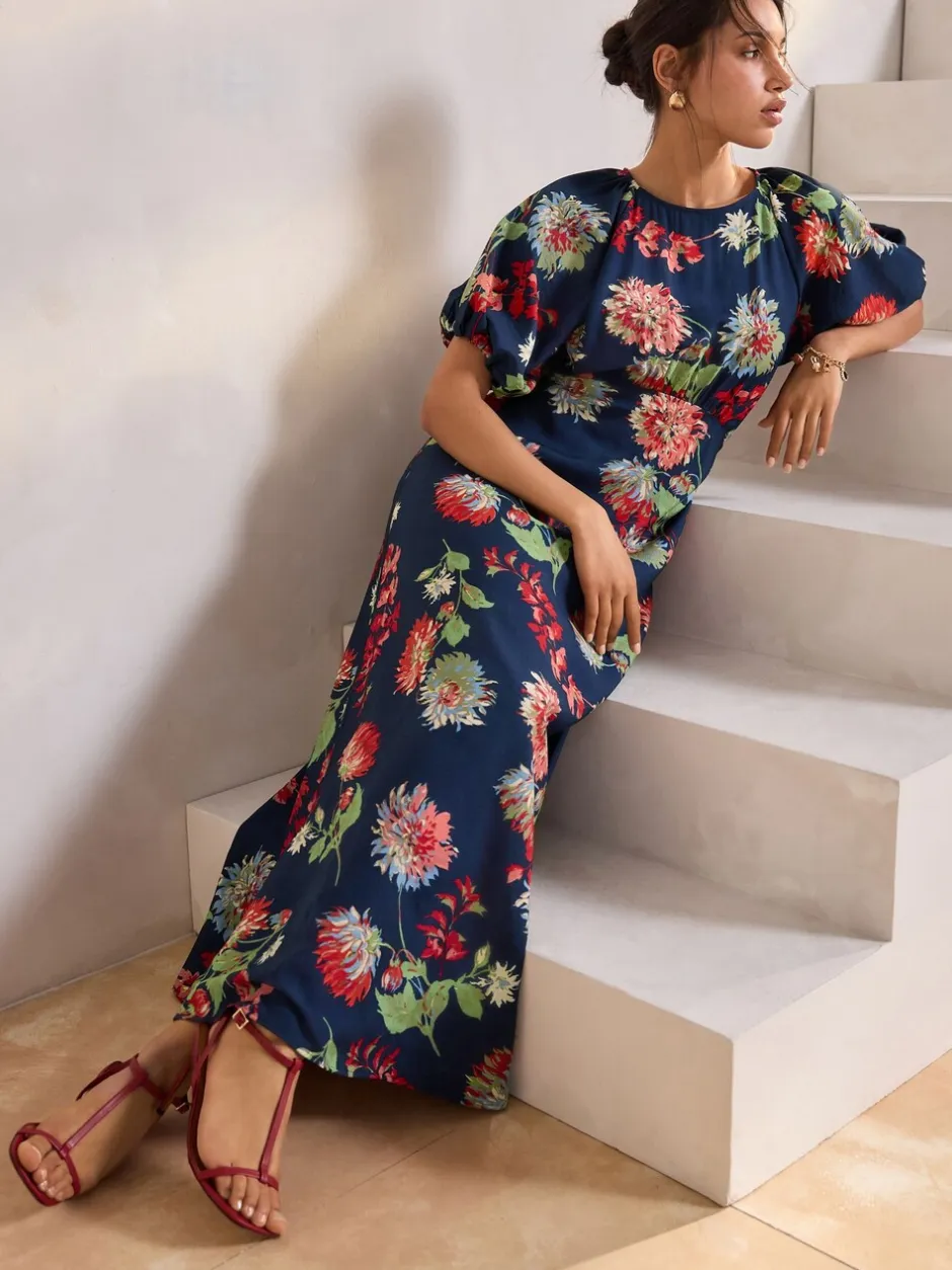 Gelegenheidskleding|Jurken*Next - Midi-jurk met print en pofmouwen Marineblauw met bloemenprint