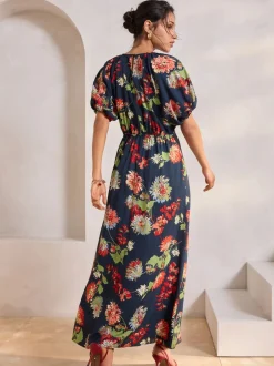 Gelegenheidskleding|Jurken*Next - Midi-jurk met print en pofmouwen Marineblauw met bloemenprint