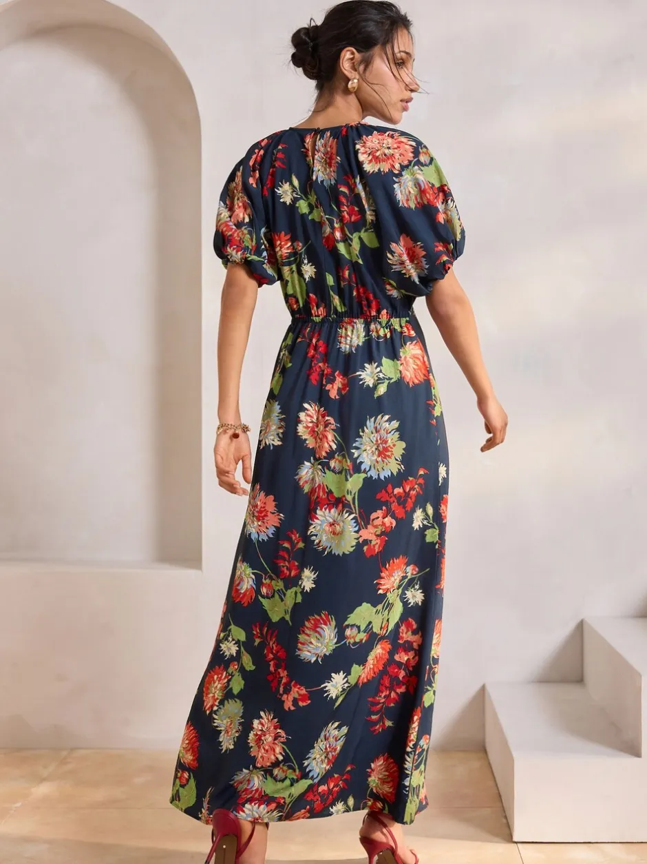 Gelegenheidskleding|Jurken*Next - Midi-jurk met print en pofmouwen Marineblauw met bloemenprint