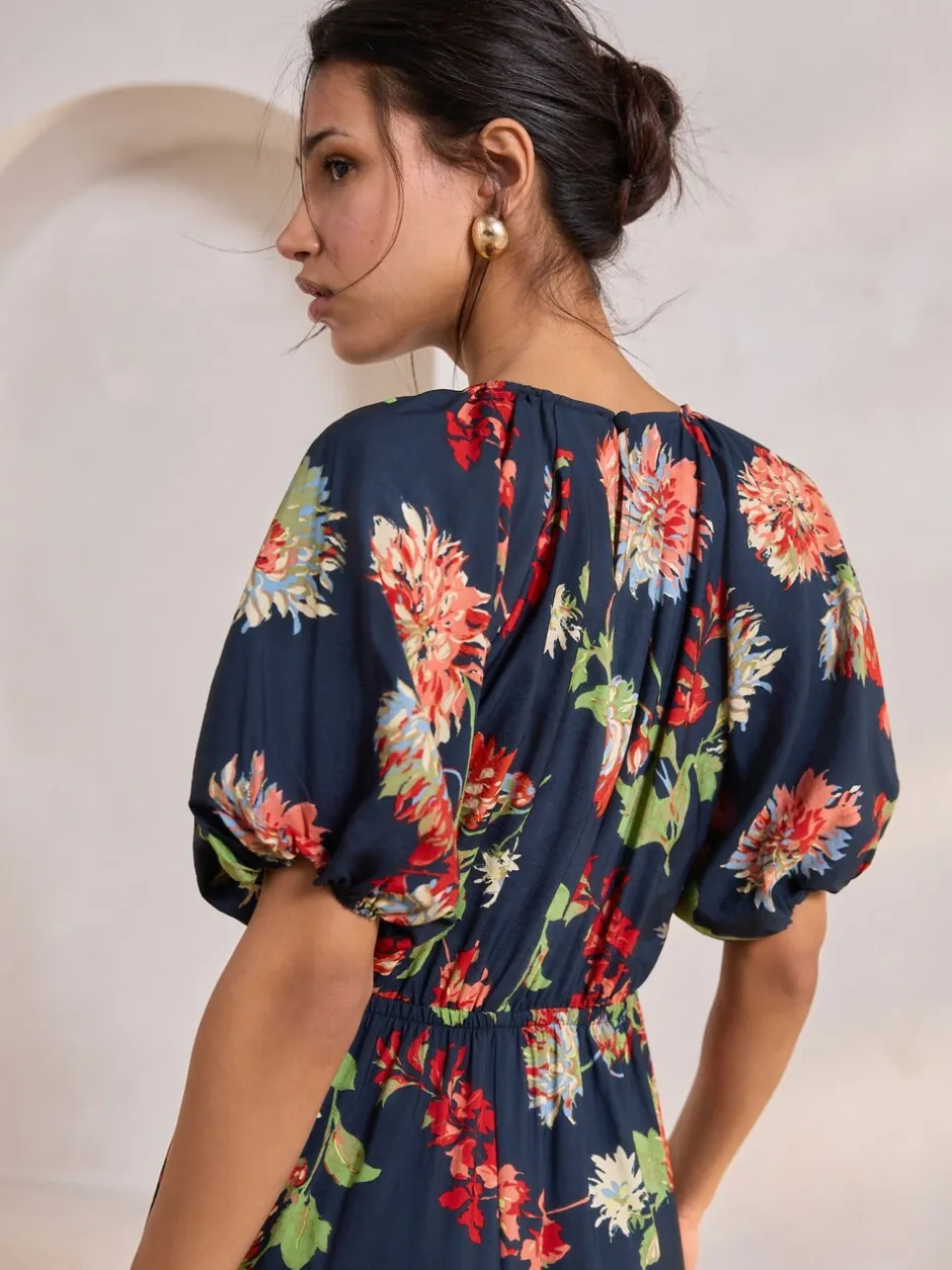 Gelegenheidskleding|Jurken*Next - Midi-jurk met print en pofmouwen Marineblauw met bloemenprint