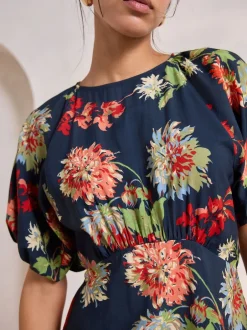Gelegenheidskleding|Jurken*Next - Midi-jurk met print en pofmouwen Marineblauw met bloemenprint