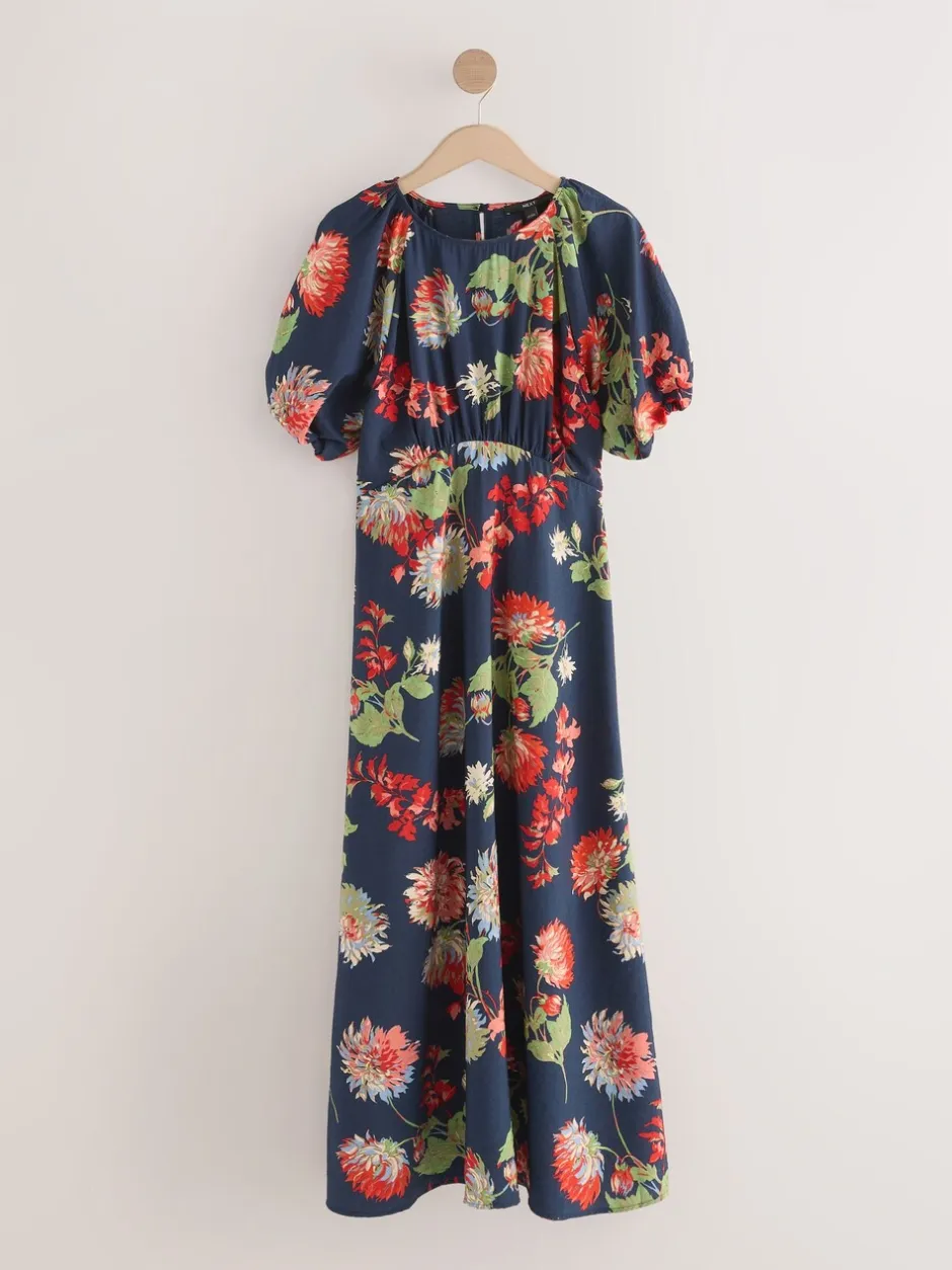 Gelegenheidskleding|Jurken*Next - Midi-jurk met print en pofmouwen Marineblauw met bloemenprint
