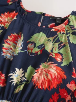 Gelegenheidskleding|Jurken*Next - Midi-jurk met print en pofmouwen Marineblauw met bloemenprint