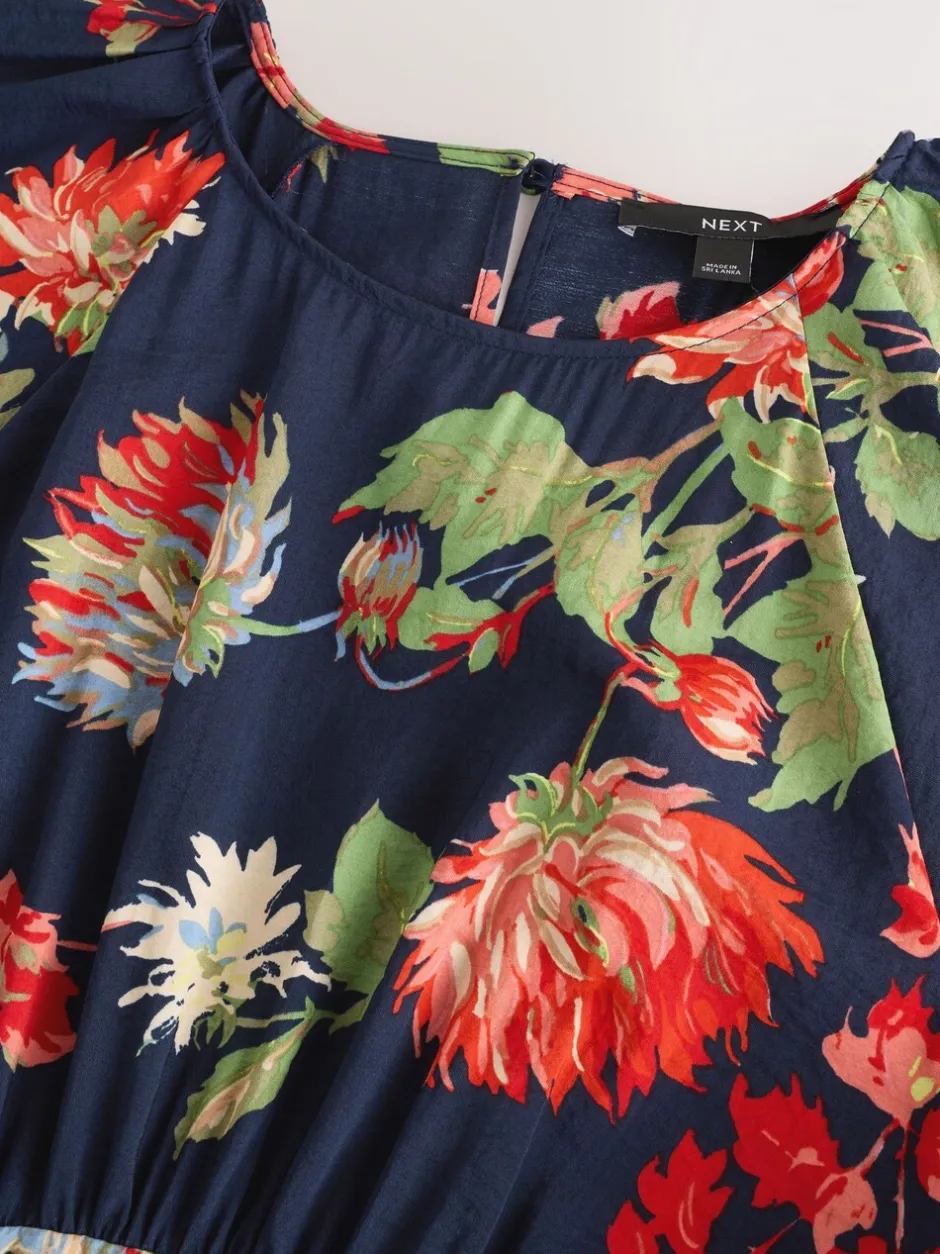 Gelegenheidskleding|Jurken*Next - Midi-jurk met print en pofmouwen Marineblauw met bloemenprint