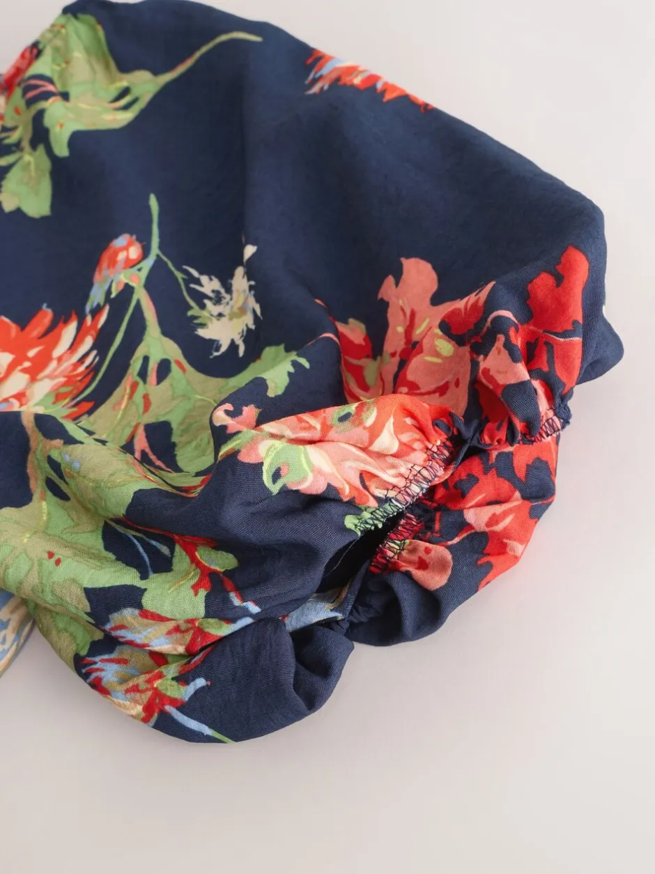 Gelegenheidskleding|Jurken*Next - Midi-jurk met print en pofmouwen Marineblauw met bloemenprint