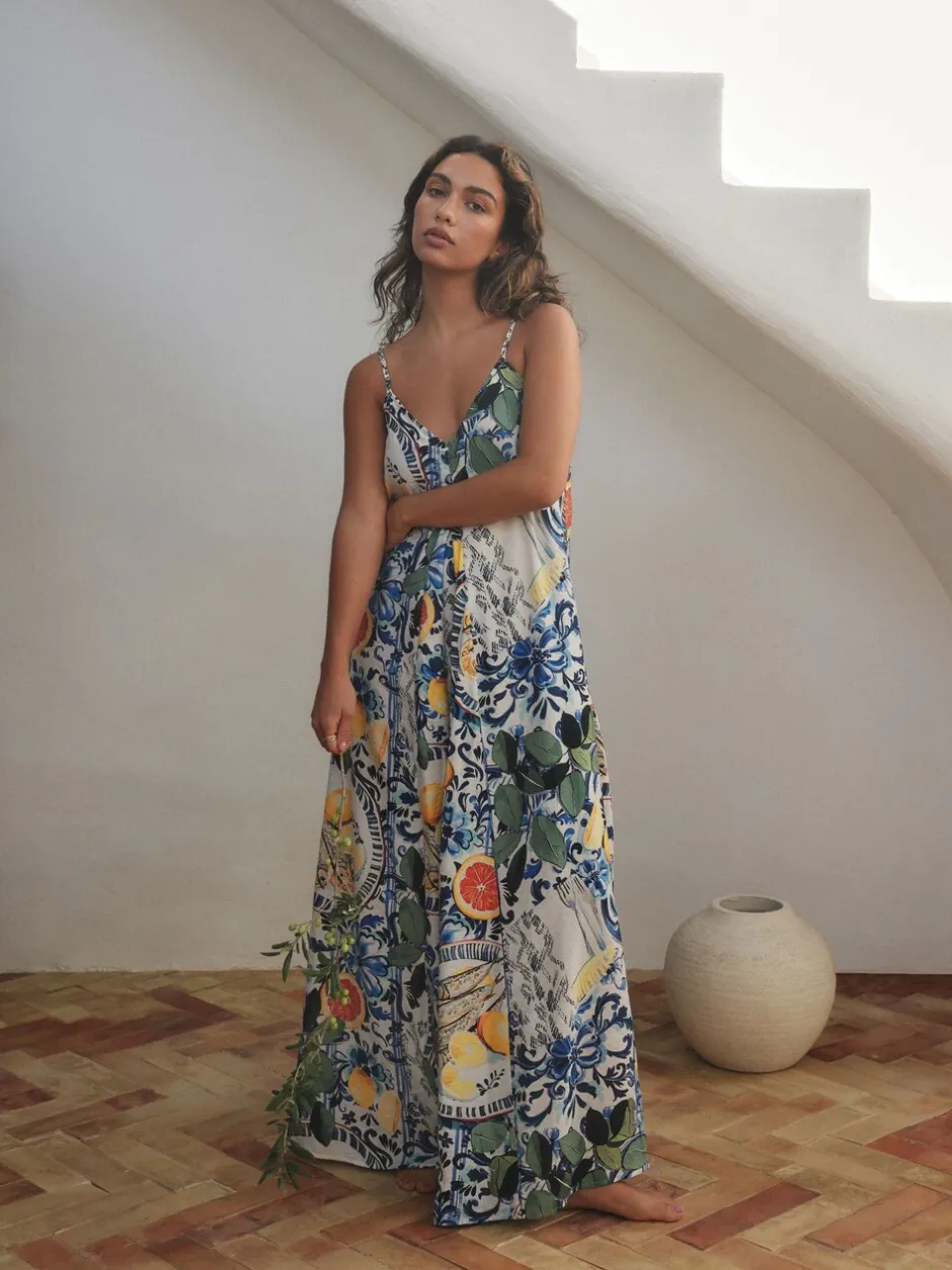 Jurken*Next - Fruit Print Volume Maxi Dress Marineblauw met bloemenprint