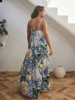 Jurken*Next - Fruit Print Volume Maxi Dress Marineblauw met bloemenprint
