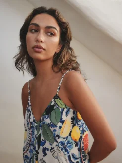 Jurken*Next - Fruit Print Volume Maxi Dress Marineblauw met bloemenprint