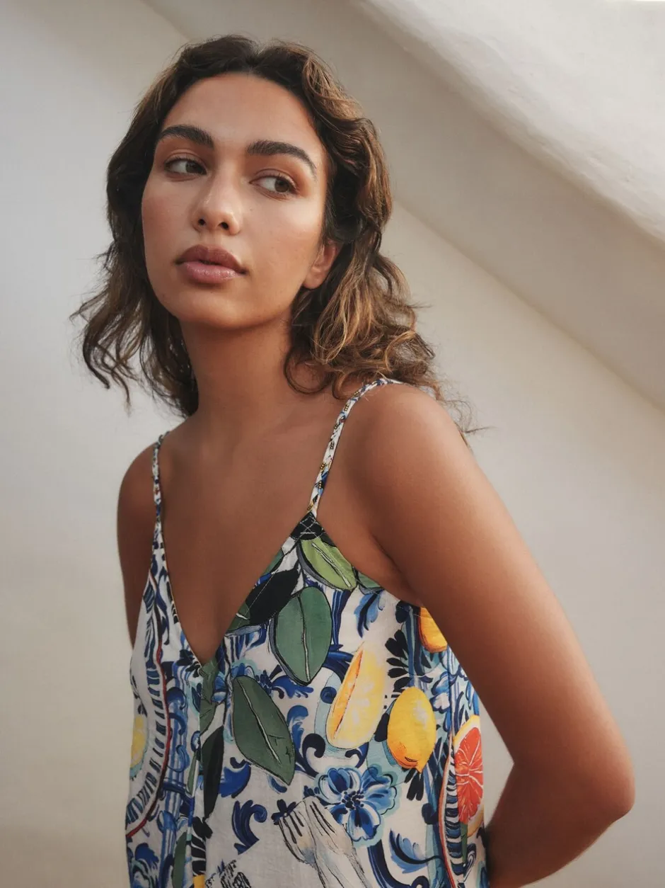 Jurken*Next - Fruit Print Volume Maxi Dress Marineblauw met bloemenprint