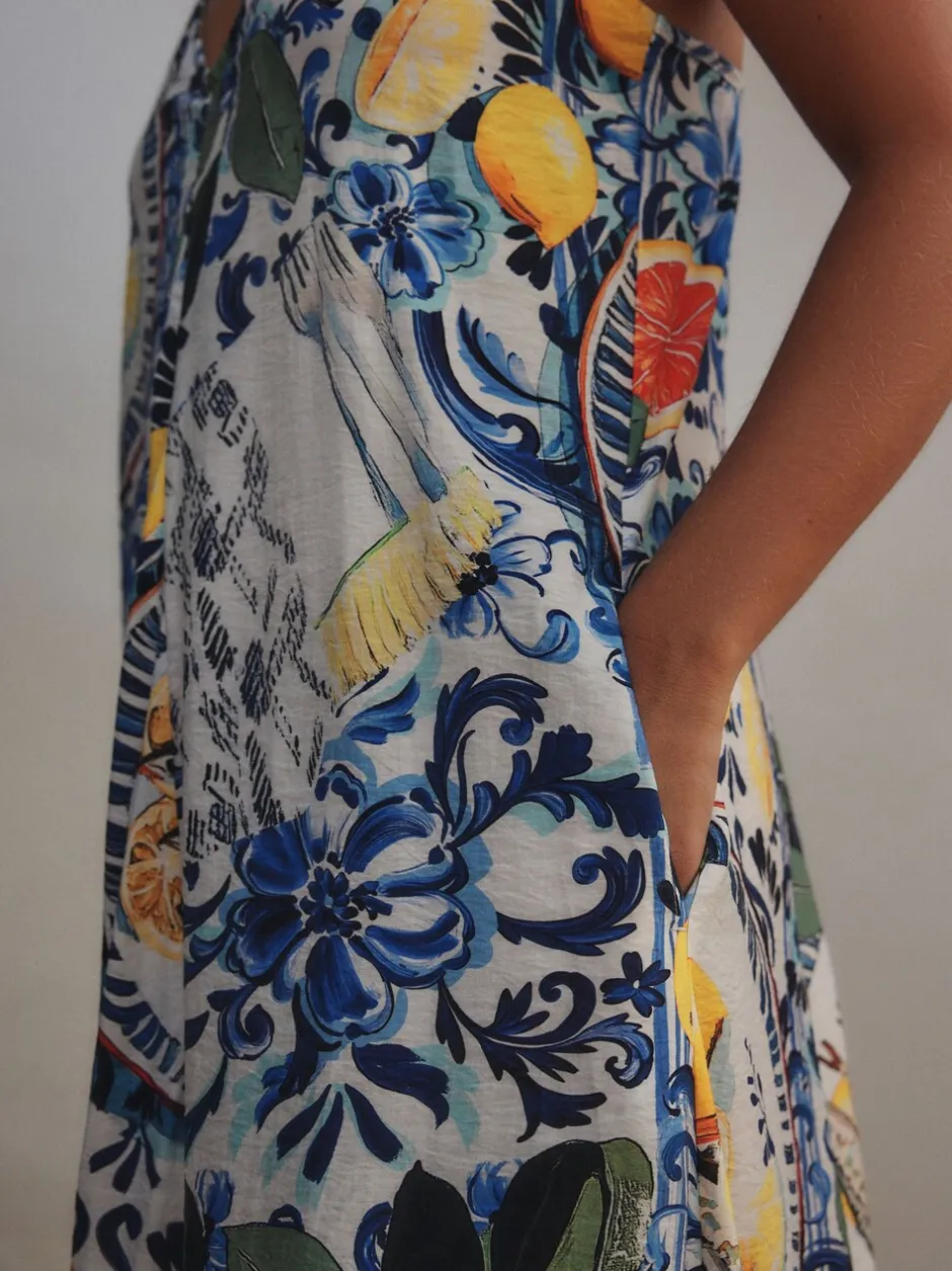 Jurken*Next - Fruit Print Volume Maxi Dress Marineblauw met bloemenprint