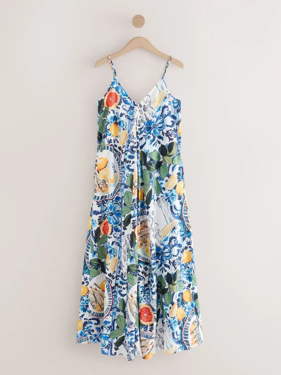 Jurken*Next - Fruit Print Volume Maxi Dress Marineblauw met bloemenprint