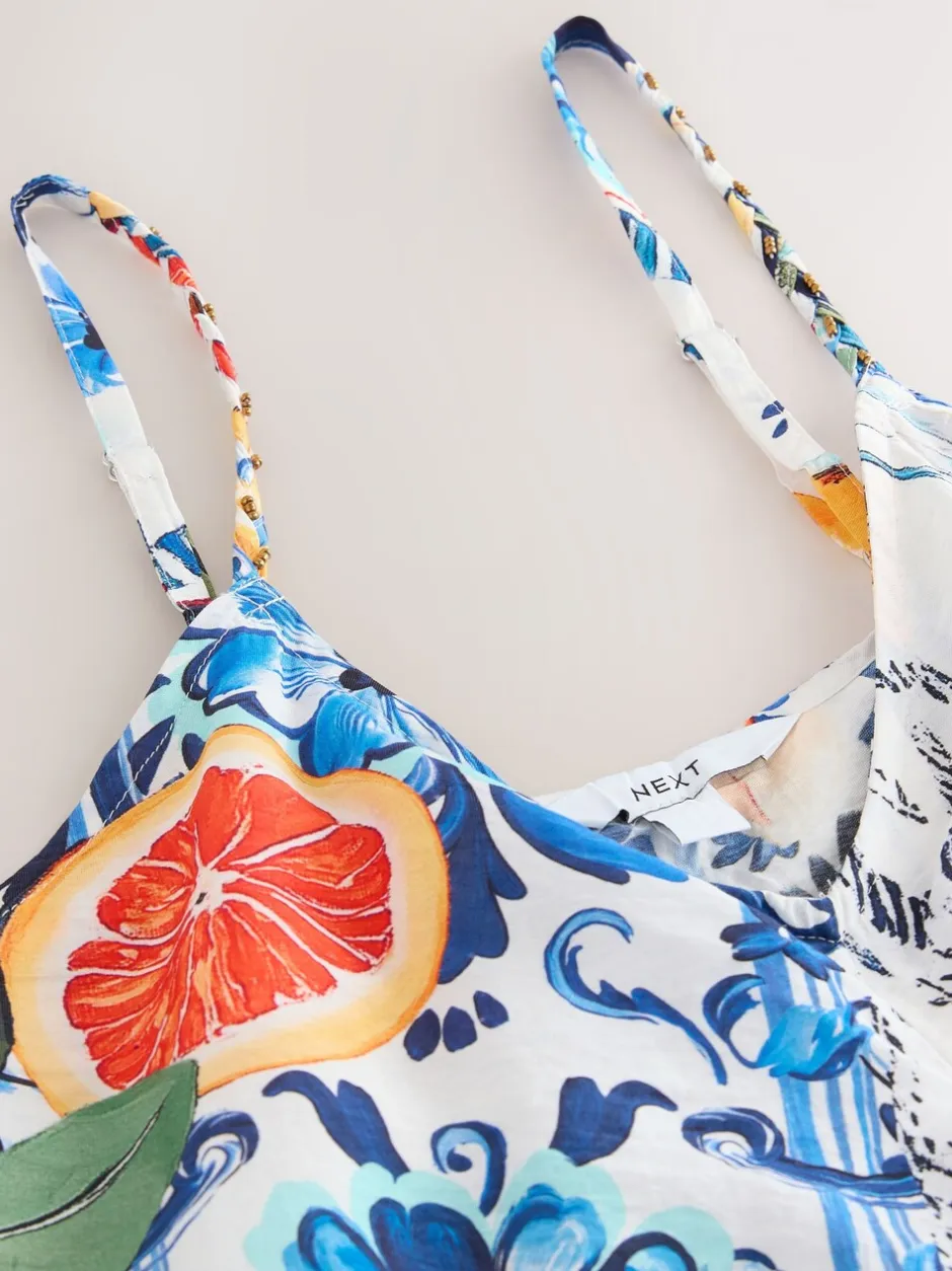 Jurken*Next - Fruit Print Volume Maxi Dress Marineblauw met bloemenprint