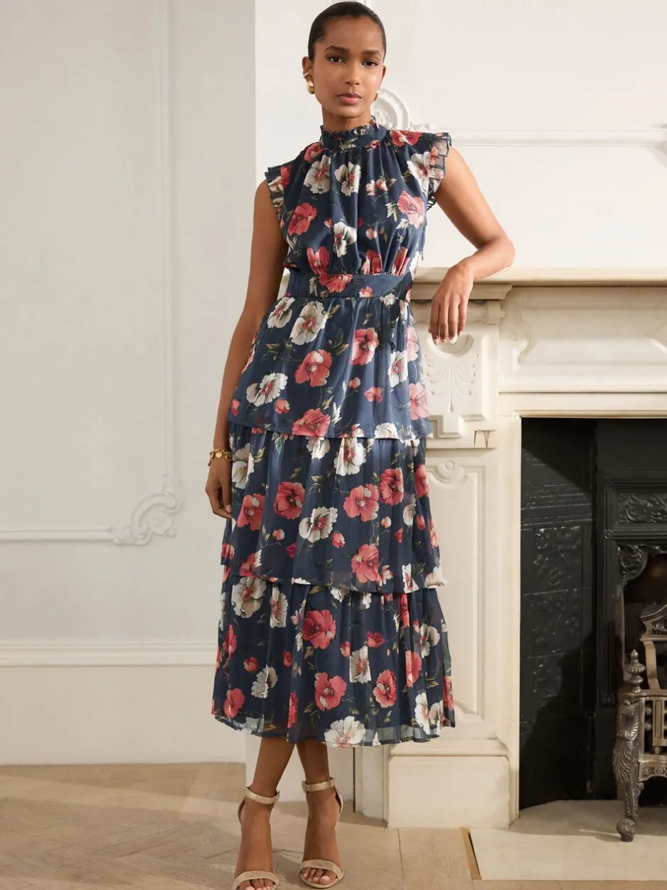 Gelegenheidskleding|Jurken|Next - Gedrukte Maxi-jurk met hoge hals en tierlantijntjes Marineblauw met bloemenprint