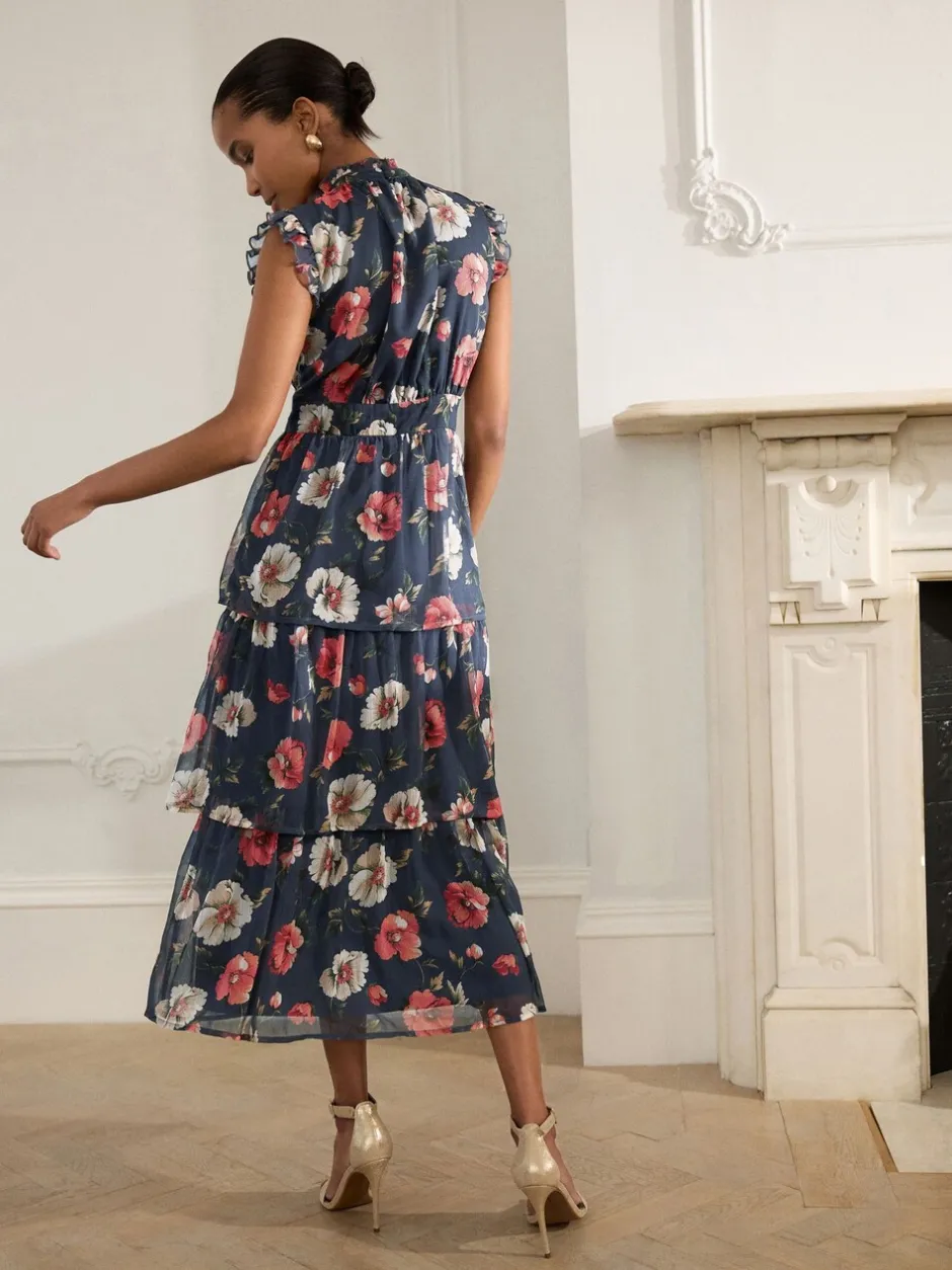 Gelegenheidskleding|Jurken|Next - Gedrukte Maxi-jurk met hoge hals en tierlantijntjes Marineblauw met bloemenprint
