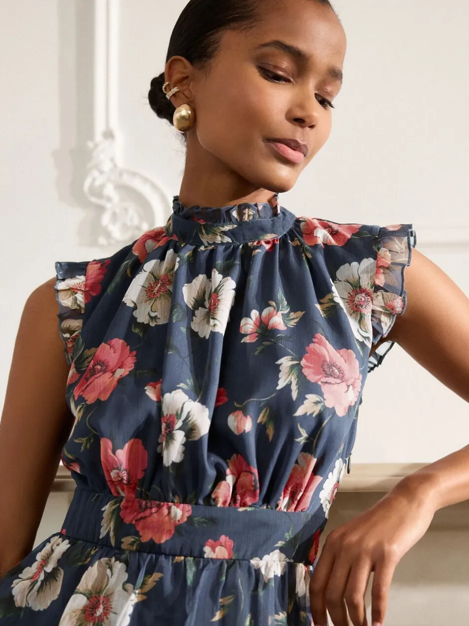 Gelegenheidskleding|Jurken|Next - Gedrukte Maxi-jurk met hoge hals en tierlantijntjes Marineblauw met bloemenprint