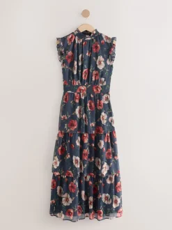 Gelegenheidskleding|Jurken|Next - Gedrukte Maxi-jurk met hoge hals en tierlantijntjes Marineblauw met bloemenprint