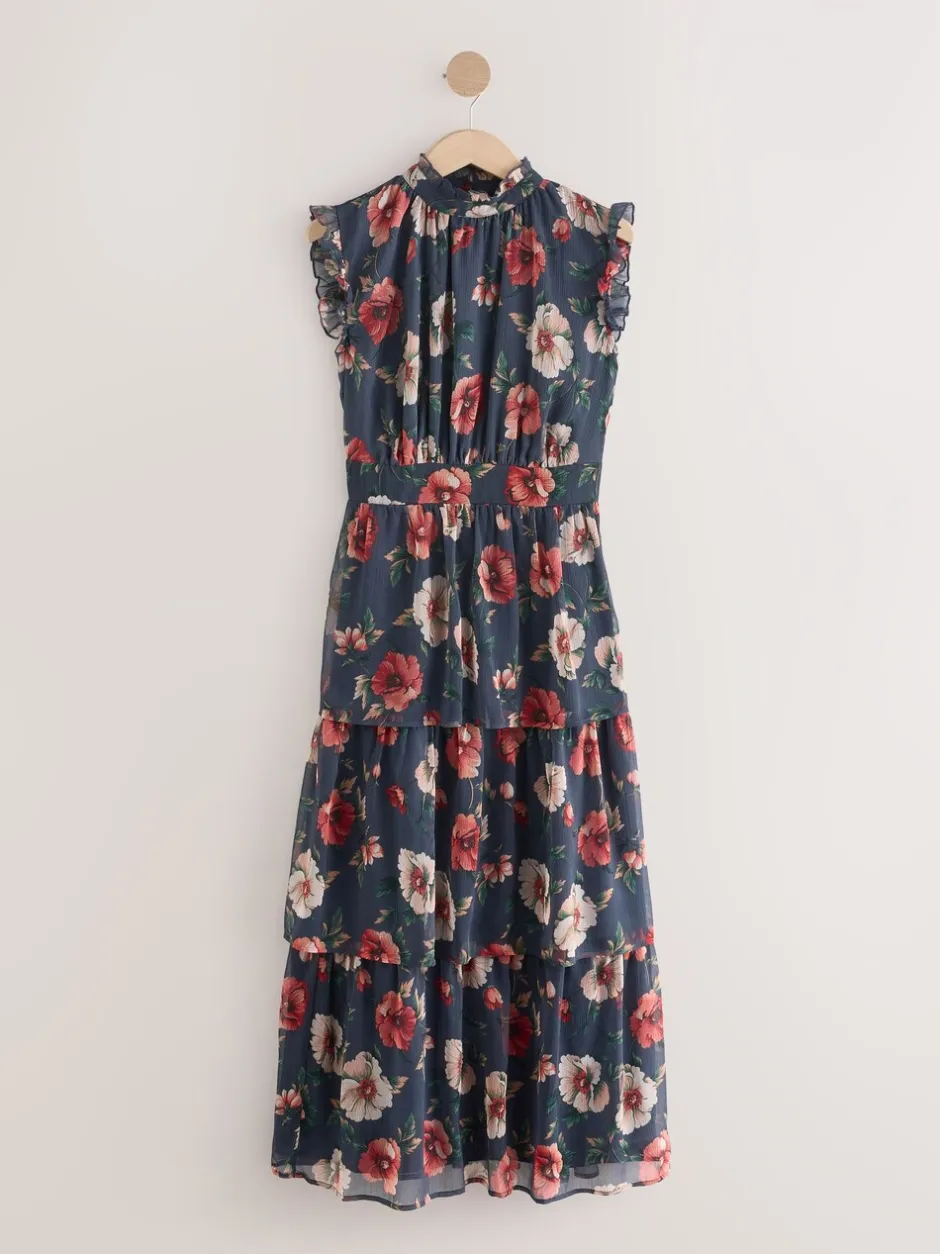 Gelegenheidskleding|Jurken|Next - Gedrukte Maxi-jurk met hoge hals en tierlantijntjes Marineblauw met bloemenprint