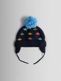 Mutsen, Handschoenen En Sjaals*Jojo Maman Bébé Marineblauw met dinosaurus - Cosy Pom Pom Rib Hat