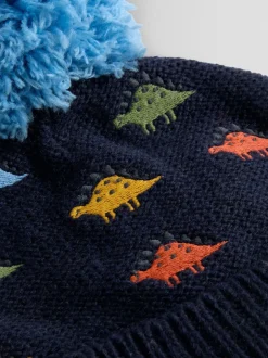 Mutsen, Handschoenen En Sjaals*Jojo Maman Bébé Marineblauw met dinosaurus - Cosy Pom Pom Rib Hat