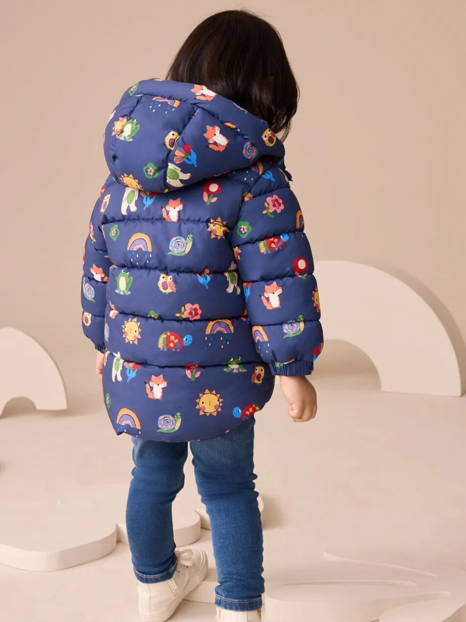 Jassen, Jacks En Kinderwagenpakjes|Jassen En Jacks|Next - Regenbestendige gewatteerde jas met fleecevoering en capuchon (3mnd -7jr) Marineblauw met figuurtjes