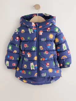 Jassen, Jacks En Kinderwagenpakjes|Jassen En Jacks|Next - Regenbestendige gewatteerde jas met fleecevoering en capuchon (3mnd -7jr) Marineblauw met figuurtjes