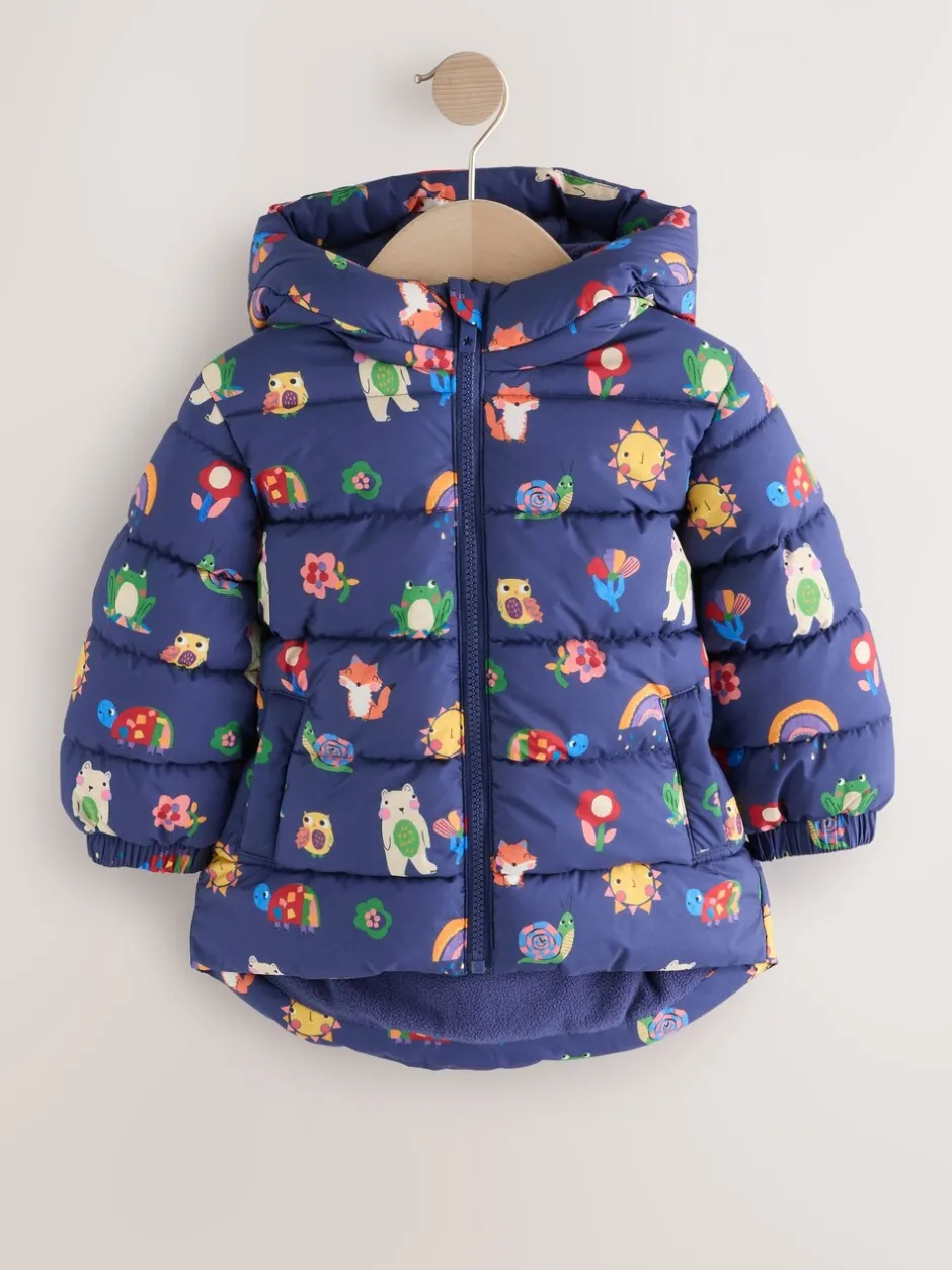 Jassen, Jacks En Kinderwagenpakjes|Jassen En Jacks|Next - Regenbestendige gewatteerde jas met fleecevoering en capuchon (3mnd -7jr) Marineblauw met figuurtjes