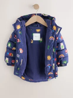 Jassen, Jacks En Kinderwagenpakjes|Jassen En Jacks|Next - Regenbestendige gewatteerde jas met fleecevoering en capuchon (3mnd -7jr) Marineblauw met figuurtjes