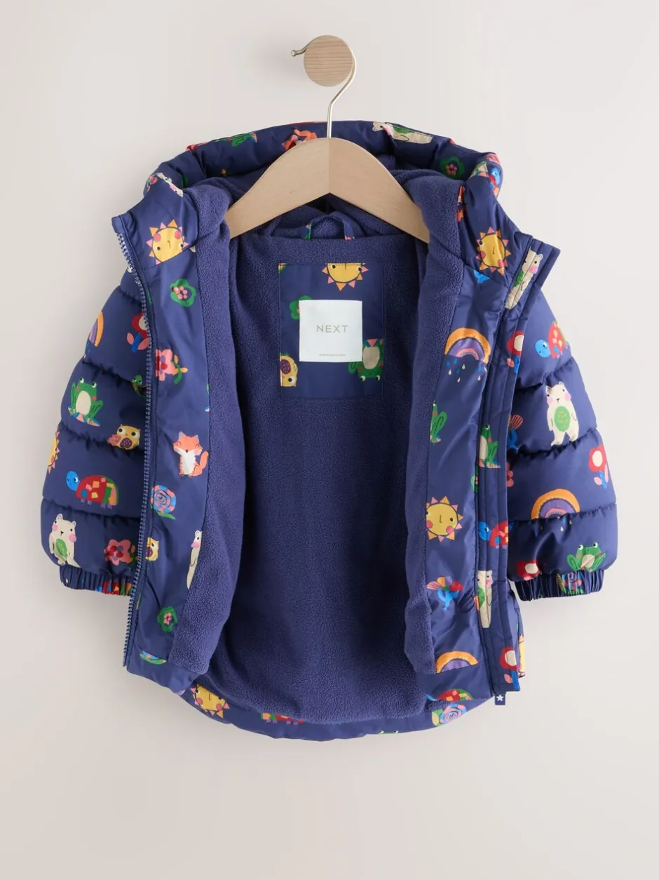 Jassen, Jacks En Kinderwagenpakjes|Jassen En Jacks|Next - Regenbestendige gewatteerde jas met fleecevoering en capuchon (3mnd -7jr) Marineblauw met figuurtjes
