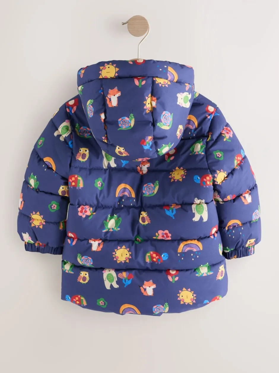 Jassen, Jacks En Kinderwagenpakjes|Jassen En Jacks|Next - Regenbestendige gewatteerde jas met fleecevoering en capuchon (3mnd -7jr) Marineblauw met figuurtjes