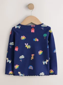 Tops*Next Marineblauw met katten- en hondenprint - Geribbeld T-shirt met lange mouwen (3mnd-7jr)