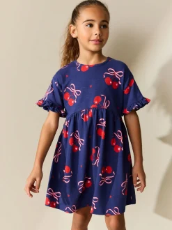 Jurken*Next - Jersey jurk met korte mouwen (3-16 jr) Marineblauw met kersenprint