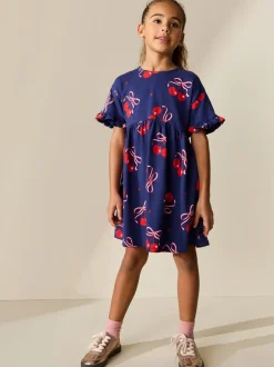 Jurken*Next - Jersey jurk met korte mouwen (3-16 jr) Marineblauw met kersenprint